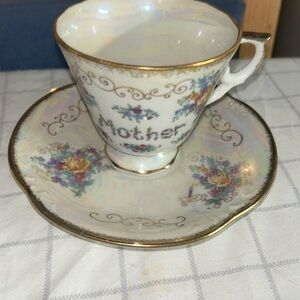 Vintage Tea Cup and Saucer June Pink Rose Set Both Say Mother